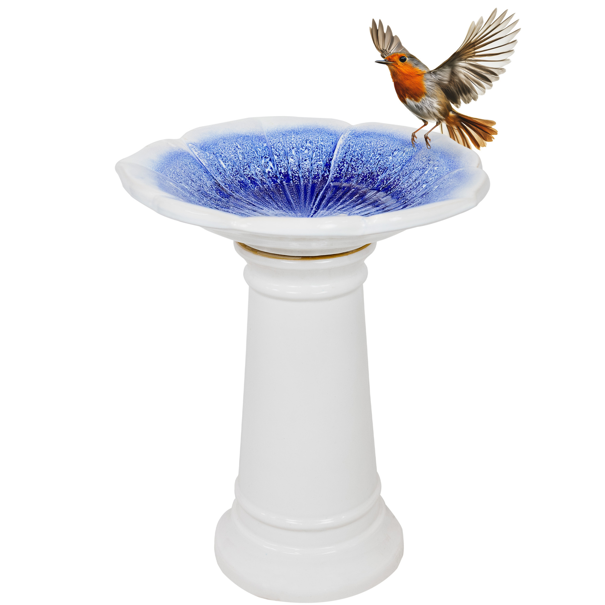 Sunnydaze Decor Misty Blossom Ceramic Bird Bath — 23in. Height, Glazed Finish, White and Blue, Model# VBD-3041